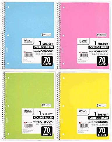 Mead Spiral Notebook 4 Pack of 1-Subject College Ruled, Pastel Color COLOR WILL VARY, Spiral Bound Notebooks, Cute school Notebooks 70 Pages