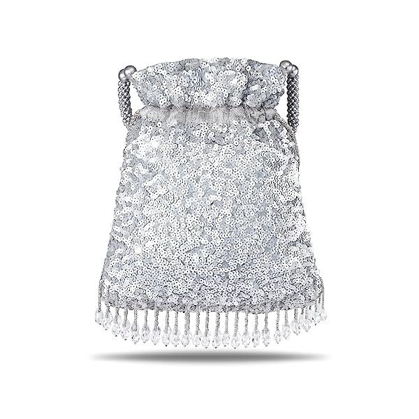 Peora Silver Potli Purses for Women Handmade Evening Handbag Stylish Bridal Fashion Wristlet Bag for Girls (P15S) - Image 8
