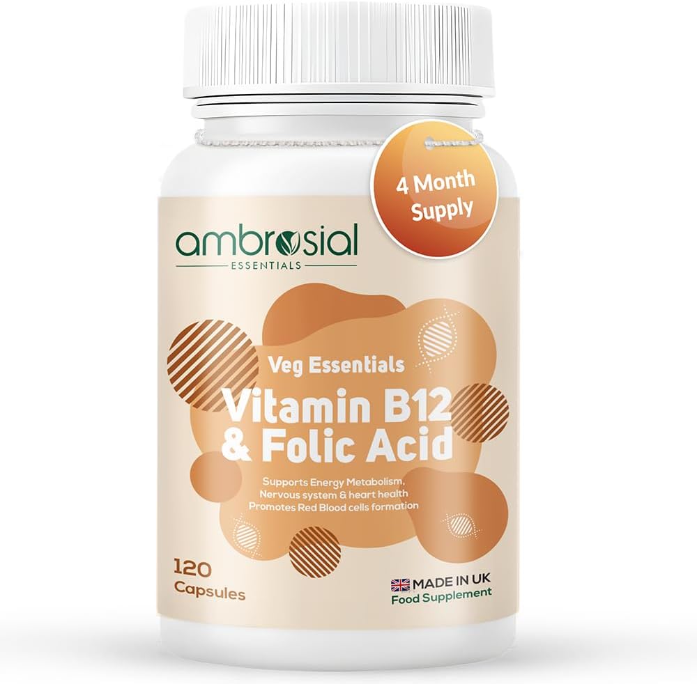 – Vitamin B12 1000 mcg + 500 mcg Folic Acid | 1500 mcg | Folic Acid | Reduction of Tiredness & Fatigue | B12 Supplement | Immune System, Energy & Brain Support (Pack of 1-120 Capsules)