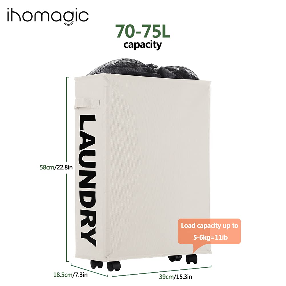 IHOMAGIC Cesto Biancheria con Ruote, Sottile portabiancheria della Biancheria Trasportabile 40L Ceste per Biancheria Pieghevole Impermeabile in Piedi Pratico casa Lavanderia, Bagno, Hotel, Beige - 3
