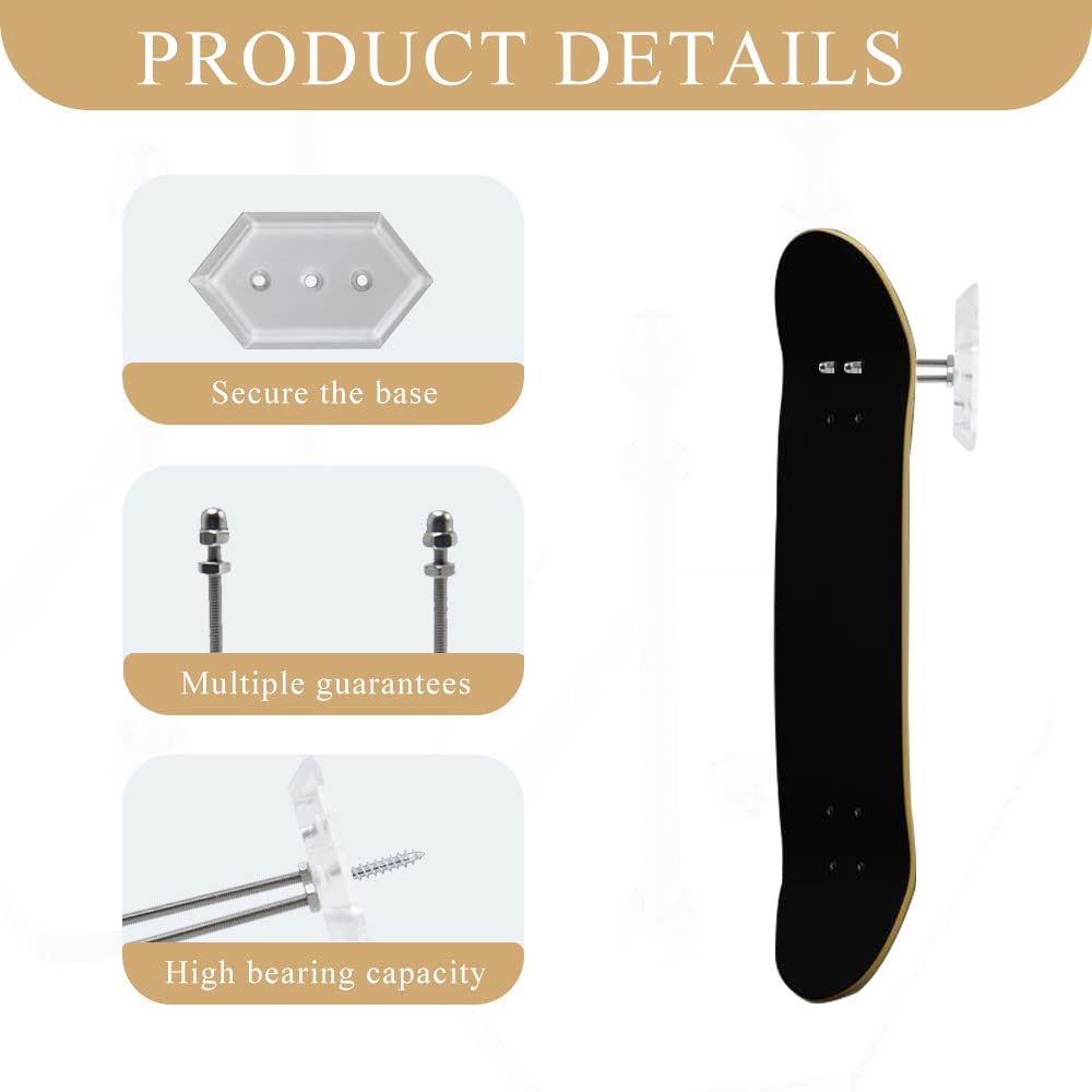 2 Pezzi Ganci per Skateboard da Parete Supporto da Parete per Skateboard Display e Stoccaggio,Acrilico,Clear
