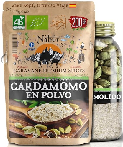 Nabür - Cardamomo en Polvo Molido | 200gr | Fresco, Hechizante, Fragante, Sabroso | Agricultura biológica