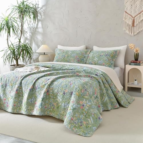 Sanracie Cotton Quilt Twin Size(68"x86")-Green Floral Quilted Bedspreads Set, 2pcs Green Flower Bird Butterfly Print Botanical Quilt Bedding Coverlet Summer Soft Lightweight Aesthetic Bedding