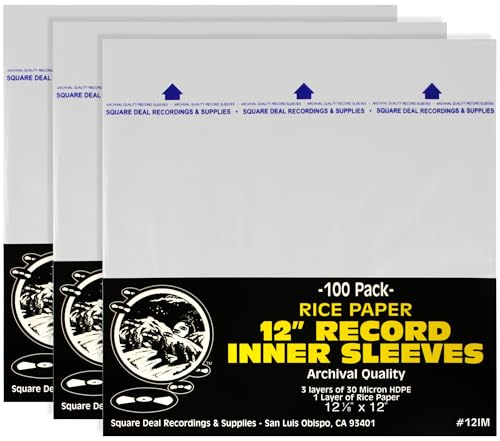 12 Inch Record Inner Sleeves - 3-Layers of Archival Quality, Anti-Static HDPE with Rice Paper Enclosed Insert for Extra Rigidity #12IM (300)