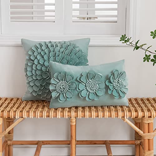 Foindtower Decorative Handmade 3D Flower Pillow Covers Sunflower Lumbar Throw Pillow Floral Velvet Accent Pillow Case With Hidden Zipper For Bed Couch Sofa Chair Home Decor 12X20 Inch Aqua Green #TOP6