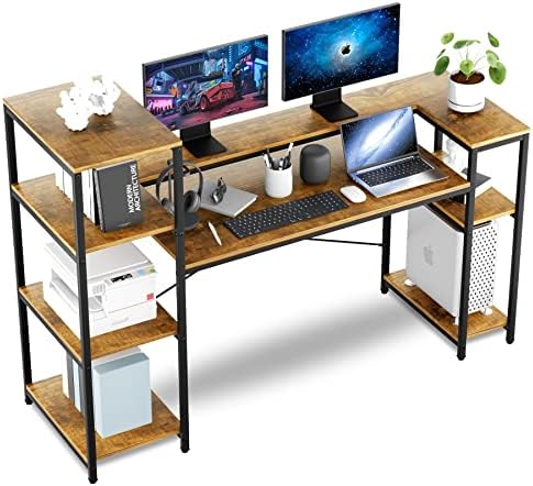 HYPIGO Computer Desk with Storage Shelves, 63 inch Home Office Desk with Monitor Stand and CPU Shelf, Modern Writing Desk Table with Bookshelf (Rustic Brown)