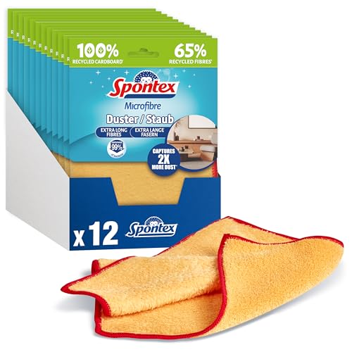 Spontex Microfibre Staubtuch, 12 Stück, weiche Mikrofasertücher mit Recyclingfasern, wiederverwendbar, gelb, 12 x 1 Stück