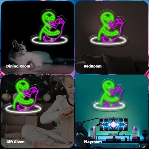 Image of Alien Cat Neon Sign,Funny Green Aliens Purple Cute Cat LED Light Sign Wall Decor For Game Room Bedroom Party Man Cave Club,Birthday Gifts For Women,Men,Boys,Girls(Alien Cat)