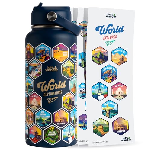 LET'S WANDER World Water Bottle with 2 Sets of 50 Waterproof Stickers - 32oz Leakproof Insulated Stainless Steel with Straw - Travel Gift Bottle (Tidal Blue)