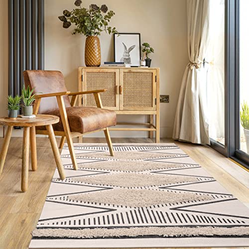 KIMODE 3' x 5' Boho Rug, Washable Tufted Cotton Geometric Bedroom Rug Hand Woven Farmhouse Tribal Floor Carpet Entryway Mat for Dining Room Living Room Bedroom