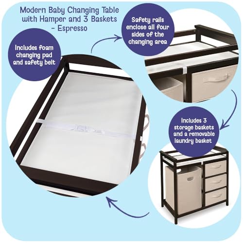 Image of Badger Basket Modern Baby Changing Table for Nursery - Diaper Changing Station with Laundry Hamper, 3 Storage Drawers, Changing Pad, and Safety Belt - Espresso and Ecru