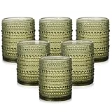 ZMOWIPDL Vintage Glassware Drinking Glasses Set of 6,12 oz Hobnail Glass Cups,Embossed Green Water Tumbler,for Beer,Cocktail,Whiskey,Juice and Various Mixed Drinks- 1 Cleaning Brush