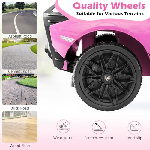 SOARS Lamborghini Rutschauto, Rutschfahrzeug mit Abnehmbarer Schiebstange, Universalrädern, Stauraum, Scheinwerfern, USB-Anschluss, Musik, Spielzeugauto für Kinder ab 1 Jahr (Rosa) – Bild 7