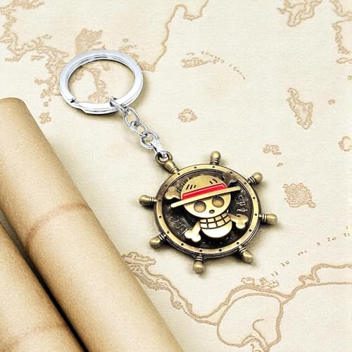 Image of One Piece Anima Manga Pirate Flag Logo Wheel Rotating Heavy Metal Keychain,|Anime Key ring| Perfect Keychain For Anime Lover|car Bikes Gold & Grey Combo pack