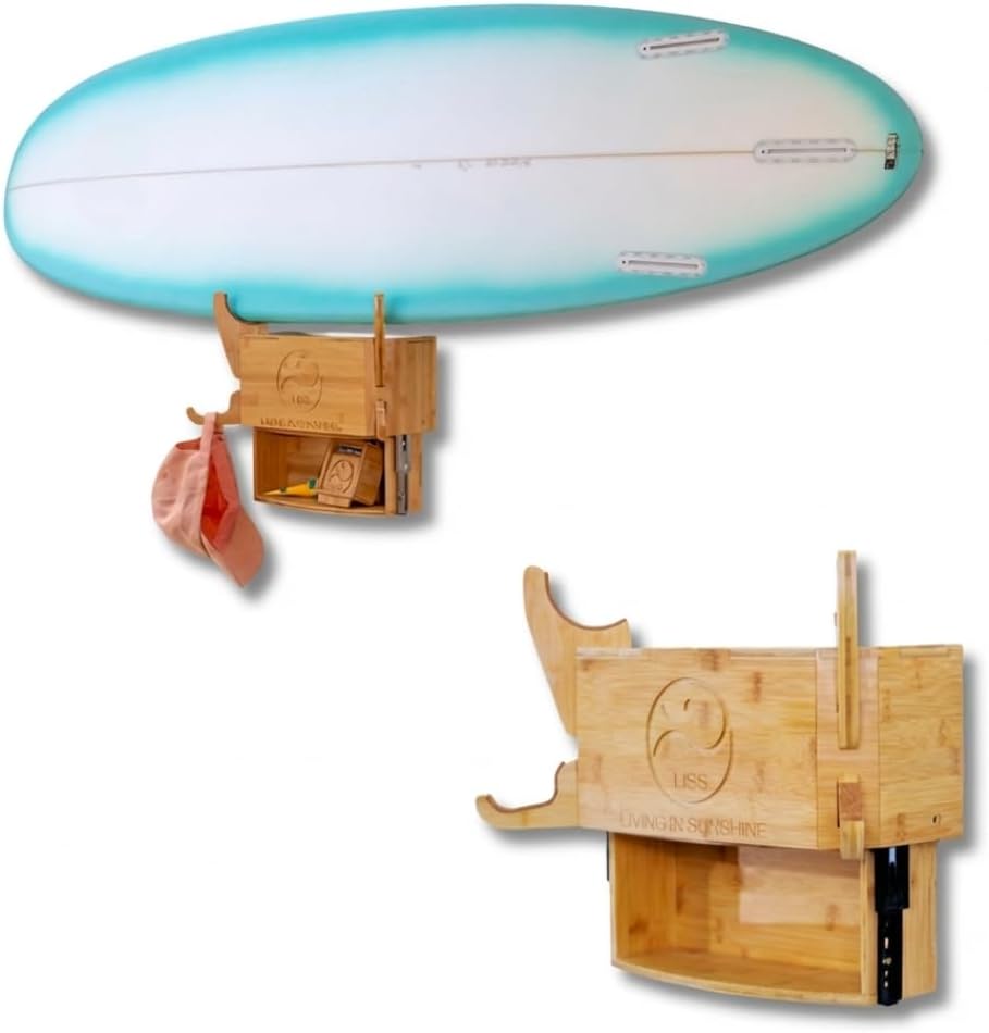 LISS Solo Rack – Wall Mount Surfboard Holder for ONE Board With Hidden Storage Drawer – Bamboo Board Rack with Interchangeable Arms – Fits Short, Longboards, SUPs, Wakeboards, Snowboards up to 12ft