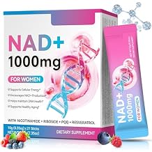 NAD+ Supplement 1,000mg Liquid, Liquid Supplement for Women with Nicotinamide, Riboside, PQQ & Resveratrol- Berry Flavor for Anti-Aging, Energy, Focus - 21 Pack