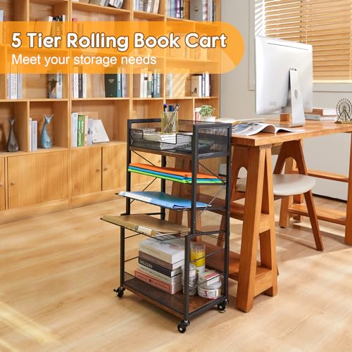 Heyexiha 5 Tier Book Shelf with Sliding Trays, Metal & Wooden Bookcase, Durable Rolling Book Cart, Book Shelf with Wheels, Small Book Shelf Storage Bookcase for Living Room, Bedroom, and Home Office - Thumbnail 6