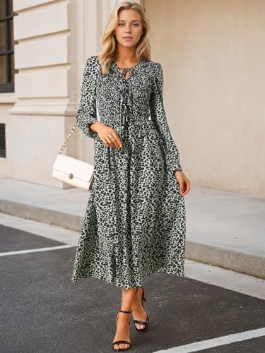 Seta T Women's Leopard Print Dress Long Sleeve Ruffle Tie V Neck Smoked Flowy Midi Cheetah Dresses with Pockets2