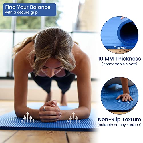 TJC Yoga Mat Thick 10MM Non-Slip NBR Exercise Mat Thick with Carrying Strap for Home Workout Pilates Gym Mats Travel Yoga Fitness Camping Eco Friendly, Yoga Mats for Women and Men, 188cm x 61cm - Image 3