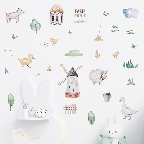 Miniatura 6 de Calcomanías de pared de animales de granja de dibujos animados, murales de molino de viento de plantas, árboles, papel tapiz extraíble, calcomanías