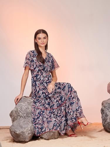 Image of Miss Chase Women's Floral V-Neck Flutter Sleeve Wrap Chiffon Maxi Dress