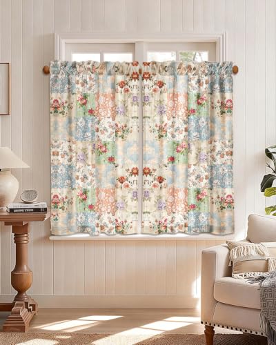 Image of Miss Adola Boho Kitchen Curtains - 45 Inch Length Linen Blend Vintage Floral Cafe Curtains Country Tier Curtain Short Drapes Rod Pocket for Bathroom Living Room Windows Light Filtering, 2 Panels