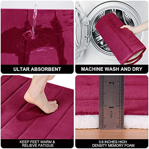 Buganda Memory Foam Soft Bath Mats - Non Slip Absorbent Bathroom Rugs Rubber Back Runner Mat for Bathroom Floors 24\" x 35.4\", Wine Red
