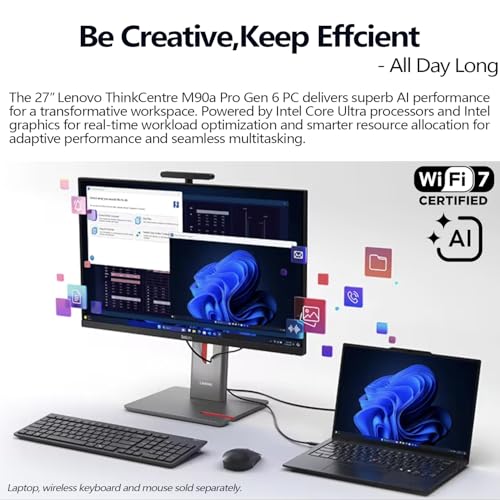 Image of Lenovo ThinkCentre M90a Pro Gen 6 Business All-in-One, 27 inch QHD 120Hz Anti-Glare, Intel Core Ultra 7 265 vPro, 32GB DDR5, 1TB SSD, Wi-Fi 7, DP, HDMI, 5MP IR Webcam, Windows 11 Pro, AI-Ready, w /Bundle