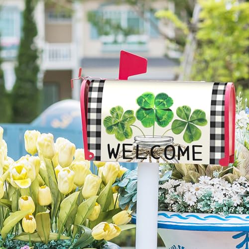 Image of Kawani Happy St. Patrick's Day Leaf Mailbox Covers Magnetic Shamrock Green Mailbox Cover Standard Size 18 X 21 Inch Spring Clovers Holiday Wrap Post Letter Box Decorative for Outdoor Home Garden Yard
