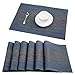 Pauwer PVC Placemats Set of 6 and Table Runner Set for Kitchen Table Washable Plastic Woven Vinyl Placemats and Runner Set Heat Resistant (6pcs Placemats+Table Runner,Blue)
