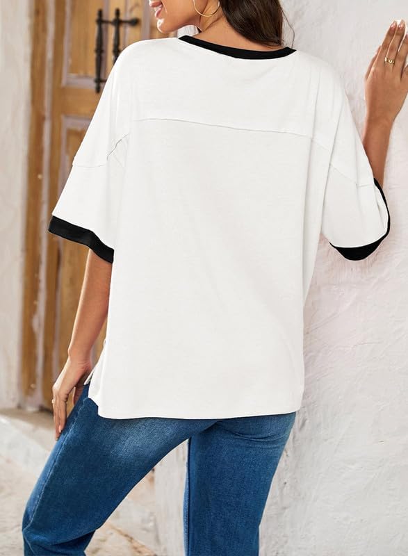 Dokotoo Summer Tops for Women 2026 Loose Oversized T Shirts Crewneck Color Block Side Slits Basic Tee Blouses - Image 2