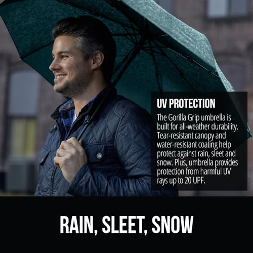 Image of GORILLA GRIP Compact Travel Size Umbrella for Rain, Sleek Design Fits Backpack, Purse and Carry On, Lightweight Under 1lb, One Click Open and Close, Wind Resistant, Durable Waterproof, Hunter Green