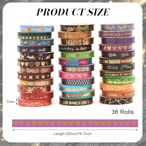Image of HASTHIP 36 Rolls Washi Tape Set with Gold Foil, Vintage Floral Celestial Geometric Decorative Masking Tape for Scrapbooking Journaling Planner DIY Crafts, 0.7cm x 6.6ft Each
