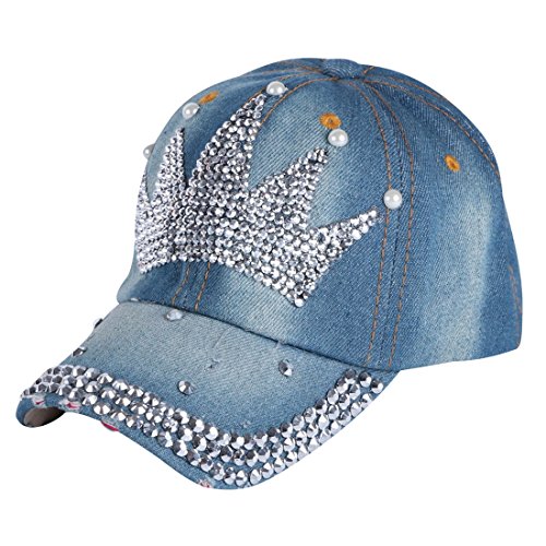 Girls Rhinestone Studded Baseball Cap,Washed Denim Hat Sports Snapback