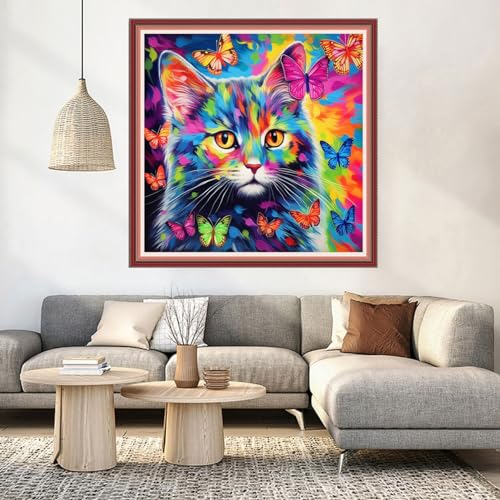 Image of DMCVIVR Stamped Cross Stitch Kits for Beginners Adults Needlepoint Kits for Beginners Embroidery Kits for Adults Crossstitch Kit for Beginners 11CT-Colorful Cat 18x18 inch