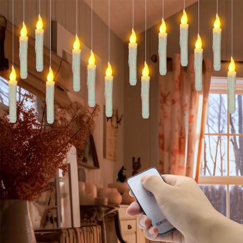 PChero Velas flotantes, 12 velas LED cónicas que funcionan con pilas con control remoto eléctrico parpadeante sin llama para decoración de techo de fiesta de Halloween, color amarillo cálido