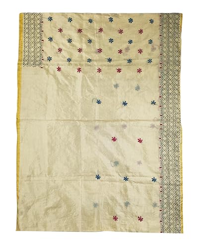 Image of SHRISTI CLOTHINGS Women's Hand Embroidered Cotton Silk Kantha Stitch Saree with Blouse Piece (J420924 LIGHTGOLDEND1)
