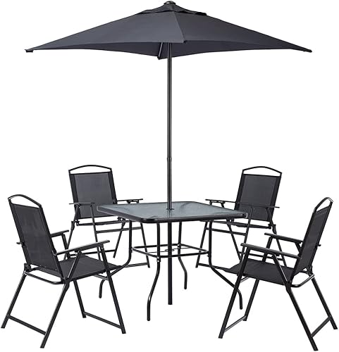 Juego de 6 asientos plegables para mesa de jardín, sombrilla de patio, decoración al aire libre, juego de comedor al aire libre, color negro