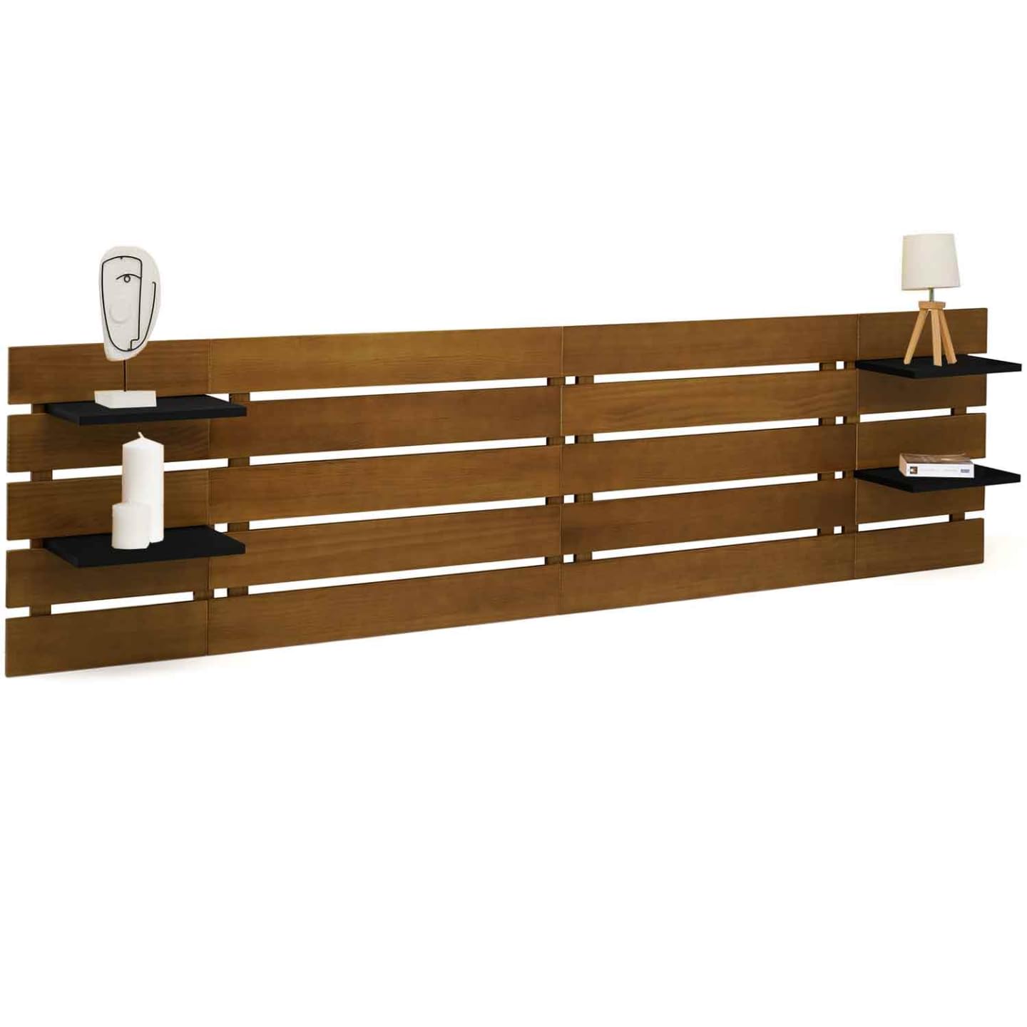 IDMarket - Cabecero de cama colgante (5 láminas anchas, Nina 240 cm, madera envejecida y estantes negros)