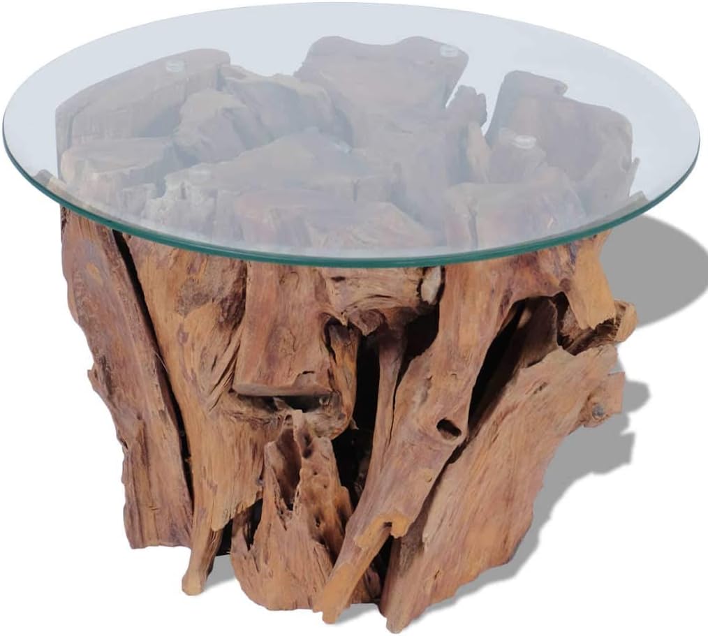 Solid Teak Driftwood Coffee Table with Strong Tempered Glass and Teak Base Living Room Side Tea Stand, Wooden Coffee Table Side Table 23.6" x 0.3"