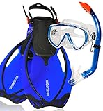 AQUAZON Miami Schnorchelset, Schwimmset, Tauchset, Taucherbrille mit Anti Fog Tempered Glas, Silkon, Semi Dry Schnorchel, verstellbare Flossen für Kinder, Farbe:Dark Blue, Größe:27/31