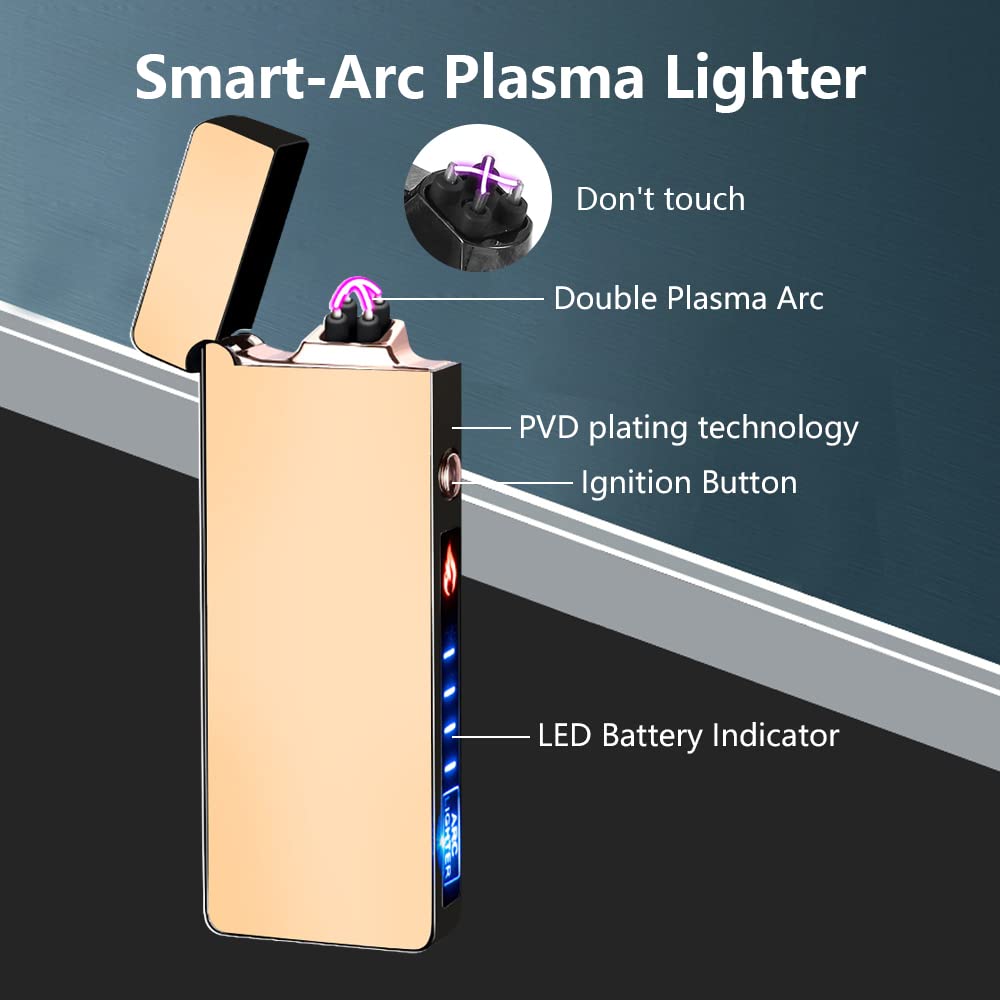 Accendino Elettrico Ricaricabile USB A Doppio Arco Di Plasma – Antivento Con Indicatore Di Batteria, Colore Oro - 2