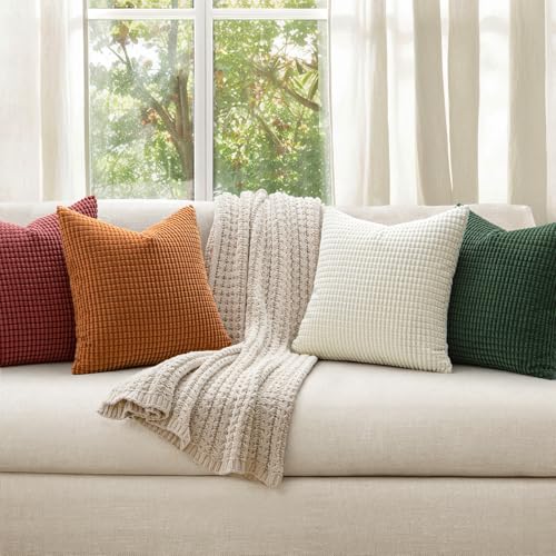 MIULEE Modern Farmhouse Decorative Pillow Covers 18x18 Inch Set of 4 Natural Rustic Throw Pillows Neutral Warm Soft Corduroy Couch Pillowcases Home Decor for Sofa Living Room Bed Christmas Red