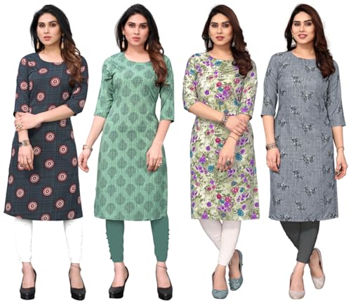 Image of JAKHANA Women's Crepe Printed Casual Straight Calf Length Round Nick Kurta Pack of 4
