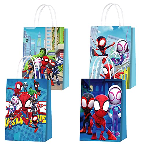 QICI 16Pcs Spidey Party Favor Goodie Bag with Handle Spiderman Kraft Paper Bag for Spidey and His Amazing Friends Themed Kids Adults Birthday Party Supplies Decorations