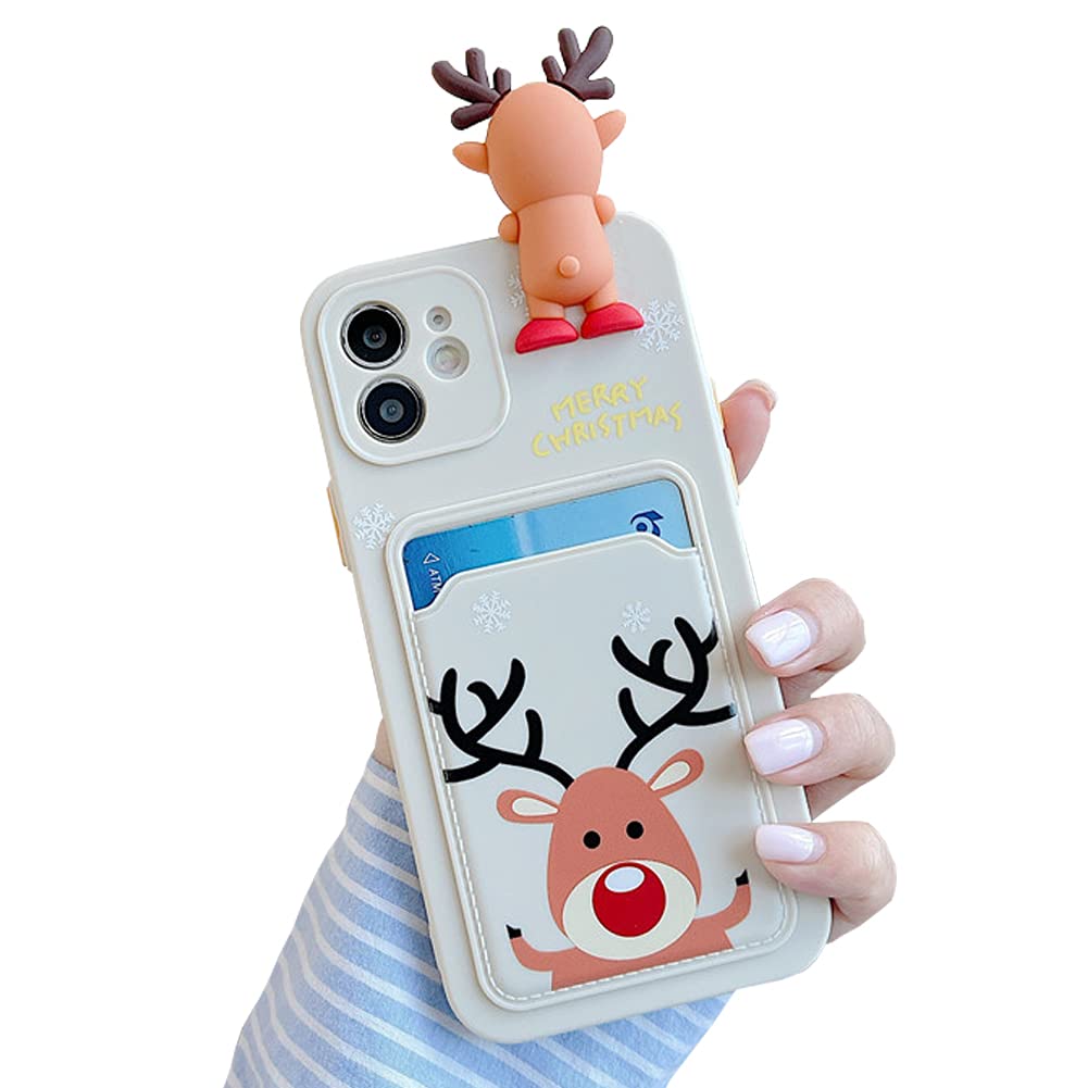 YatchenChristmas Case for iPhone 12 Pro Max,Cute Funny 3D Cartoon Santa Claus Design with Card Slot Soft TPU Ultra-Thin Anti-Fall Protective Case for Xmas (Elk White, iPhone 12 Pro Max)