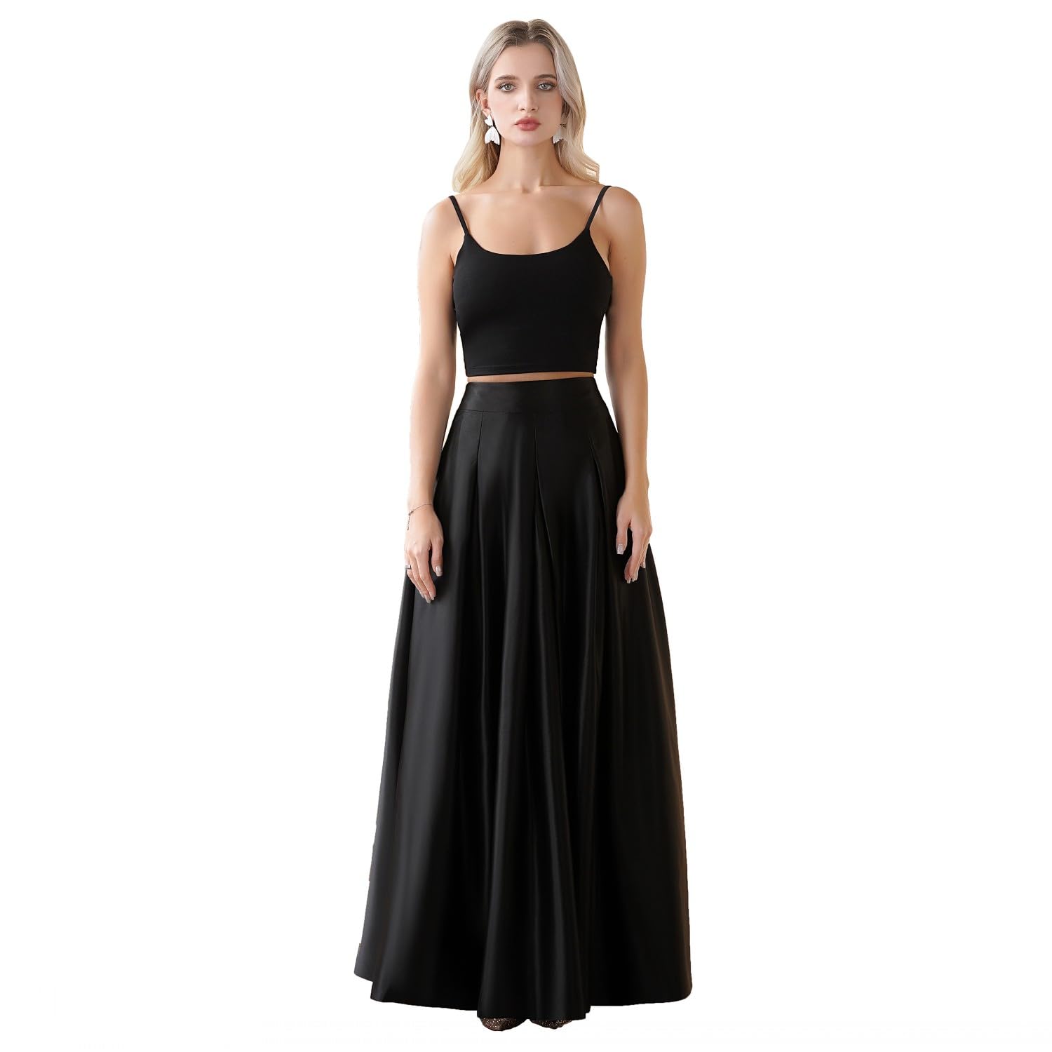Womens Long Fashion High Waist A-Line Floor Length Satin Skirts with Pockets