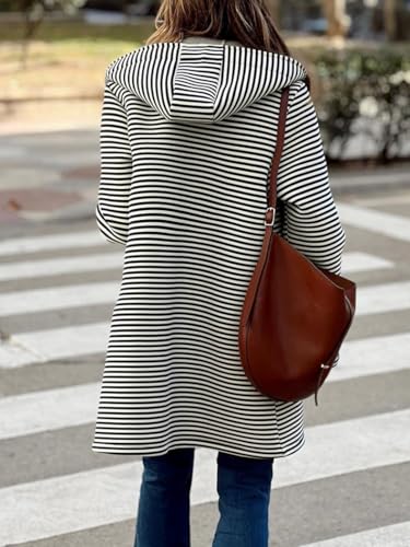 chouyatou Women's Color Block Striped Hooded Cardigan Sweaters Button Down Long Coatigan Jackets with Pockets3