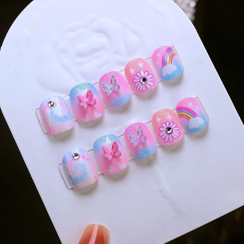 ZUGAD 12 Pcs Girls Press-On Nails Set | Multicolor Kawaii Hand-Printed Artificial Nails for Kids | Trendy Fake Nails for Children with Fun & Cute Designs | Easy to Apply & Remove (Multicooolor & Multidesign)