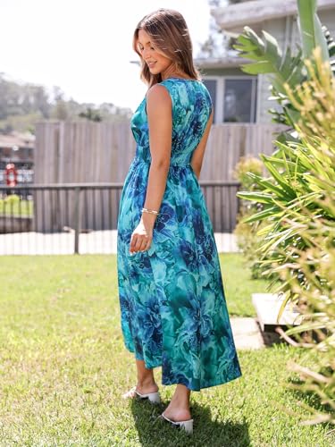 womens summer sleeveless v neck boho long dress floral print midi sundress